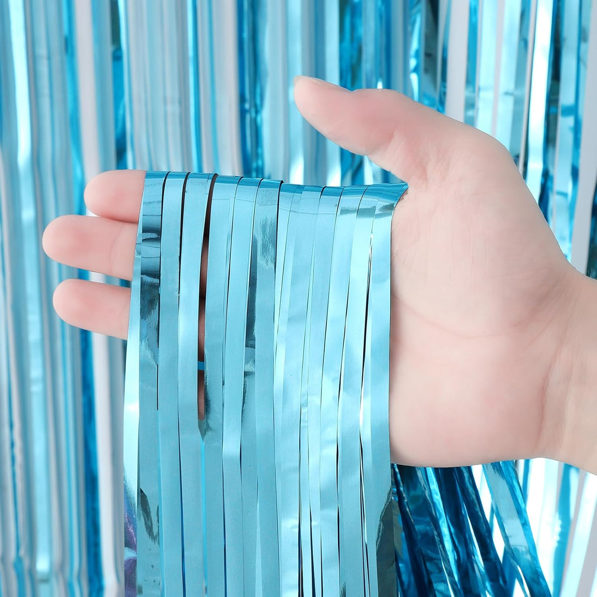 2 Pack 3.3x8.2 Feet Light Blue Foil Fringe Backdrop Curtains, Tinsel Streamers Birthday Party