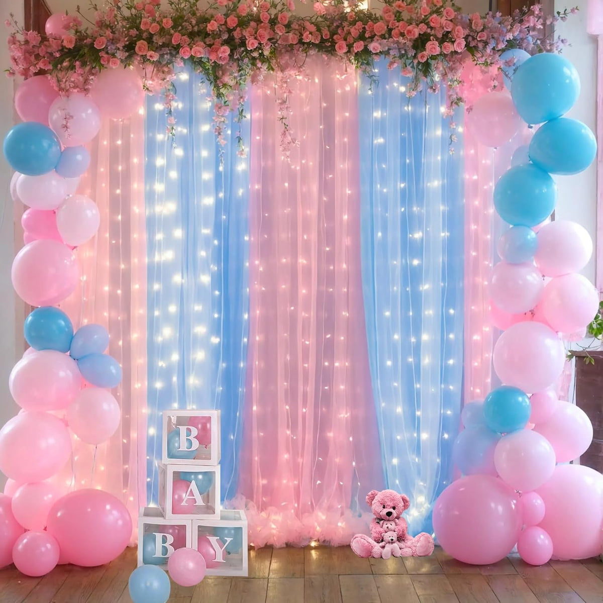 Pink and Blue Backdrop Curtains with Lights String for Baby Shower Sheer Tulle Backdrop Curtain for