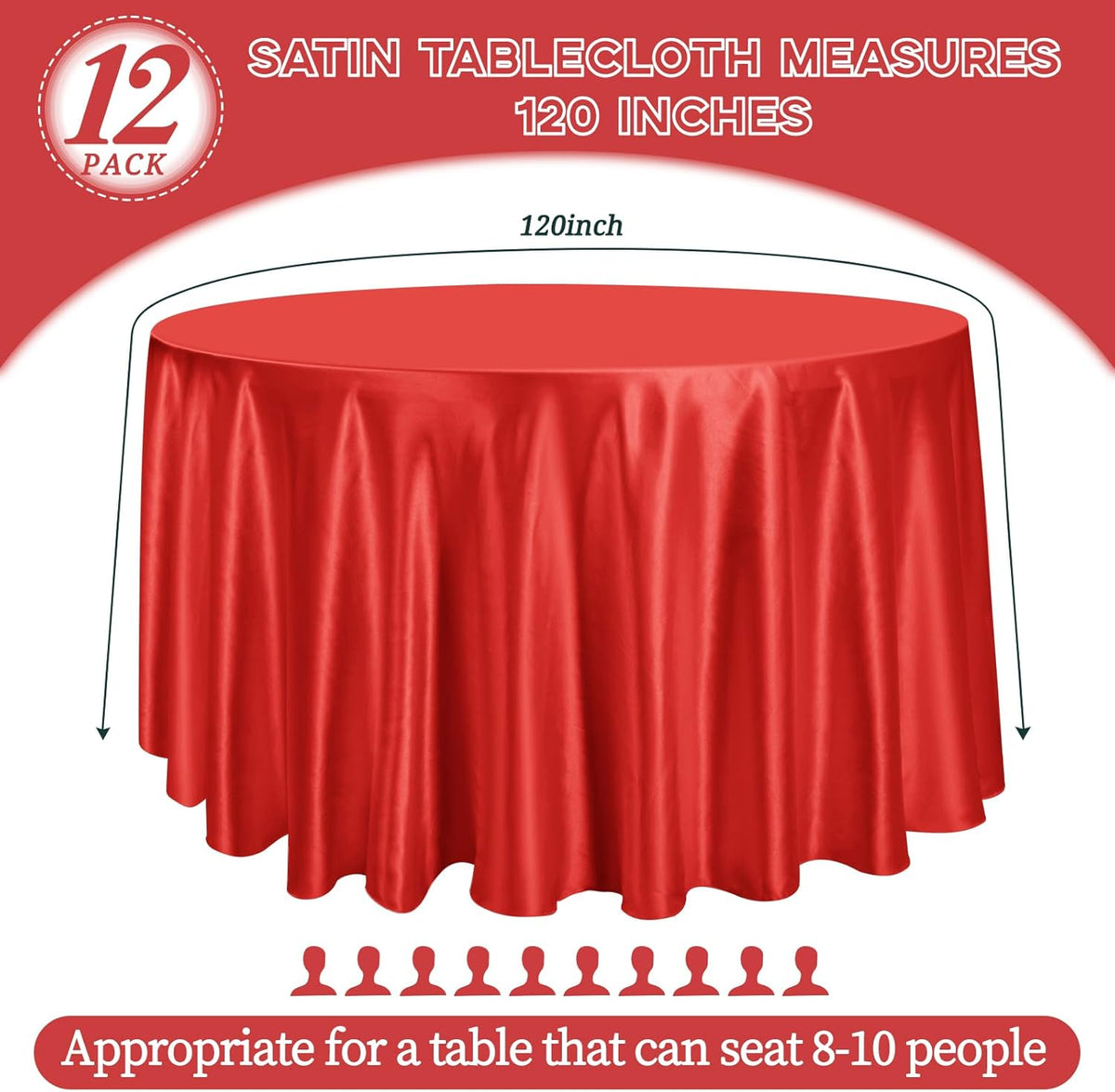 fani 12 Pack 120 Inch Red Satin Tablecloth - Premium Bright Silky Round Tablecloth Overlay Smooth