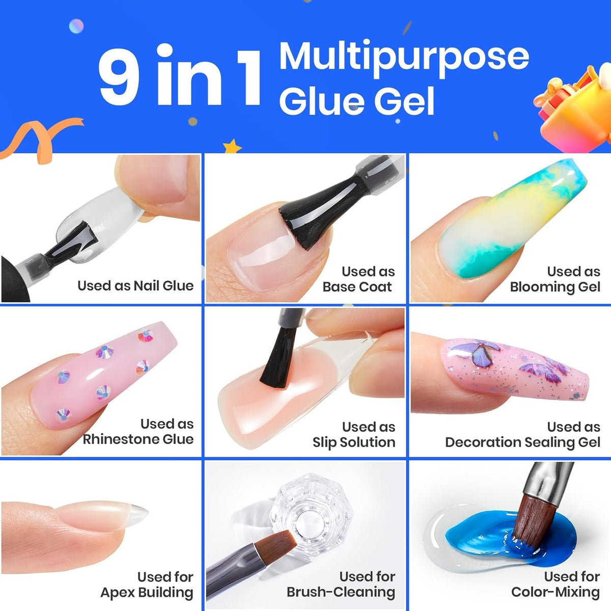 Beetles 15ml Gel Nail Glue 9 in 1 for Acrylic Nails Tips and Clear Press on Nails, Long Lasting