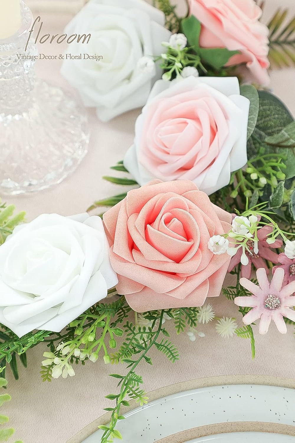 Floroom Artificial Flowers 25pcs Real Looking Blush Ombre Colors Foam Fake Roses with Stems for DIY