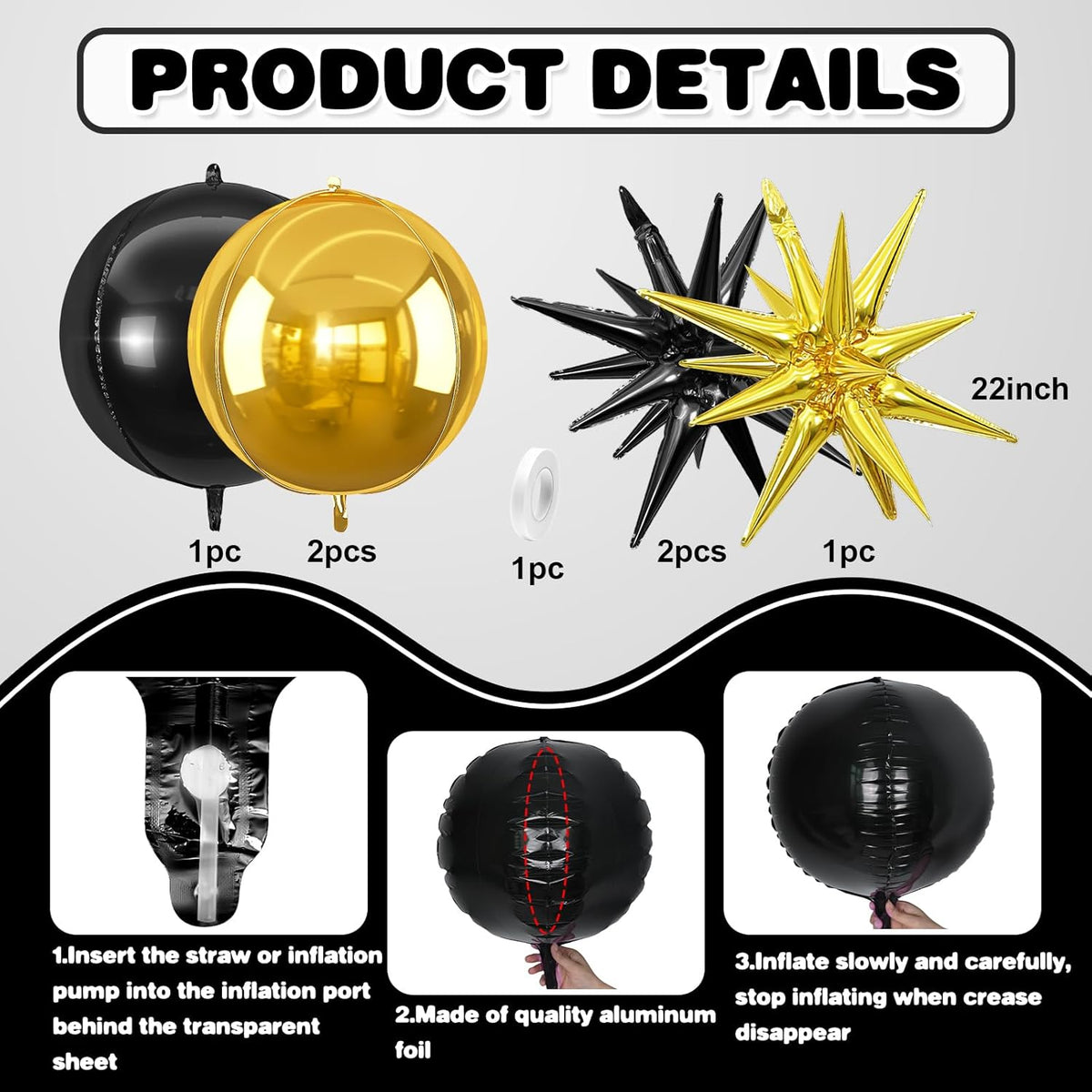 6Pcs Black Gold Foil Balloons,22Inch Gold Black 4D Round Ball Balloon and Explosion Star Balloon