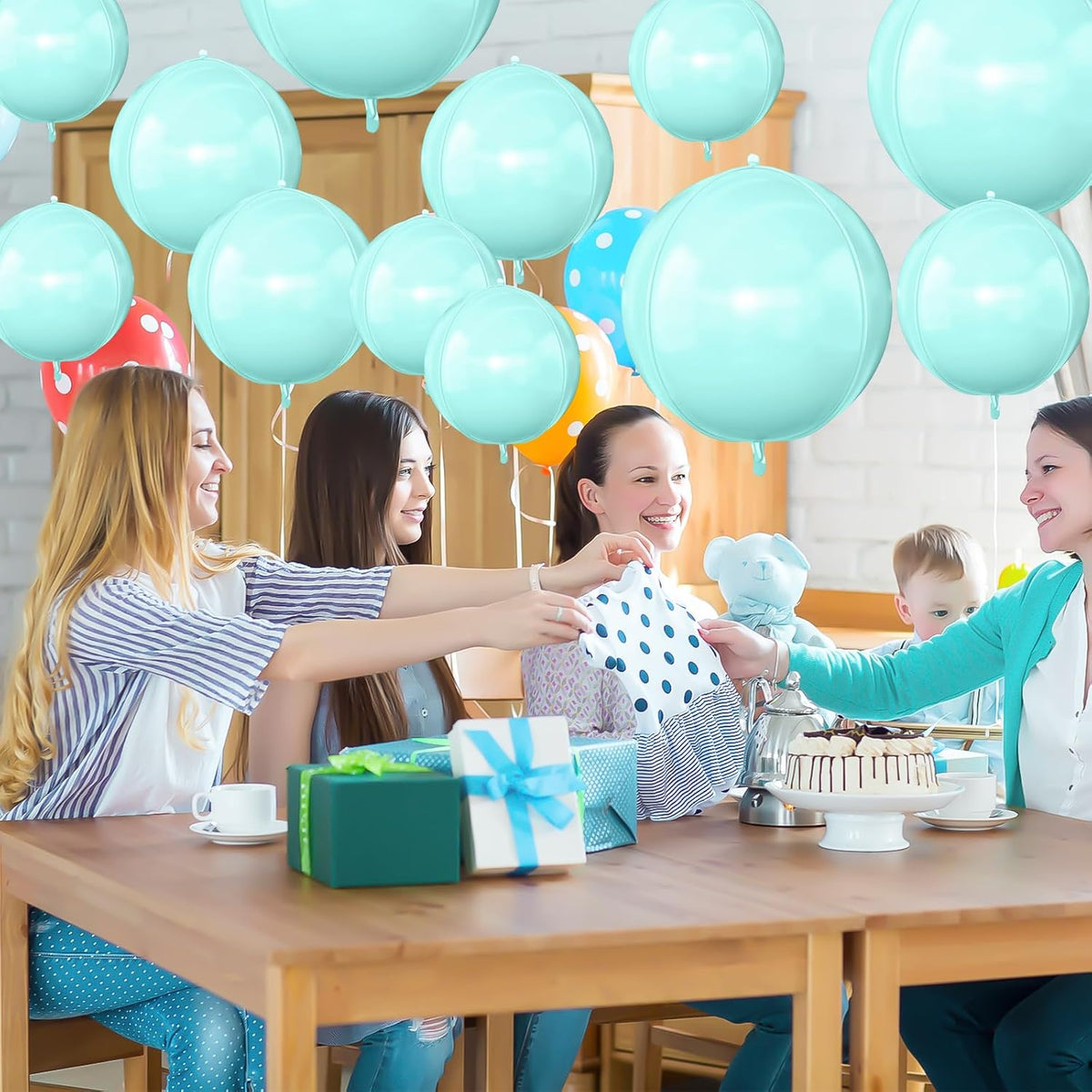 12Pcs Baby Blue Round Foil Balloons, 22" 15" 10" 4D Helium Ball Balloon, Metallic Pastel Teal Blue