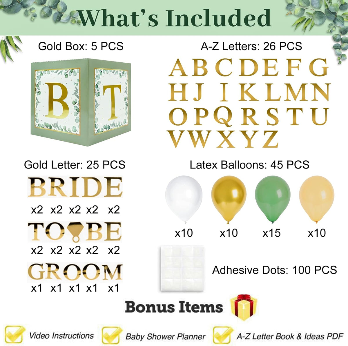 101 PC Greenery Bridal Shower Decorations Balloon Boxes Gold- Blocks with BRIDE TO BE + GROOM + A