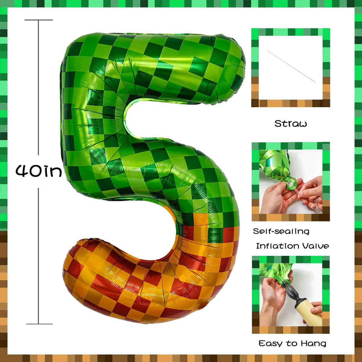 Pixel & TNT Theme 40in Giant Number Balloons - Foil Mylar Birthday Party Decorations for Kids