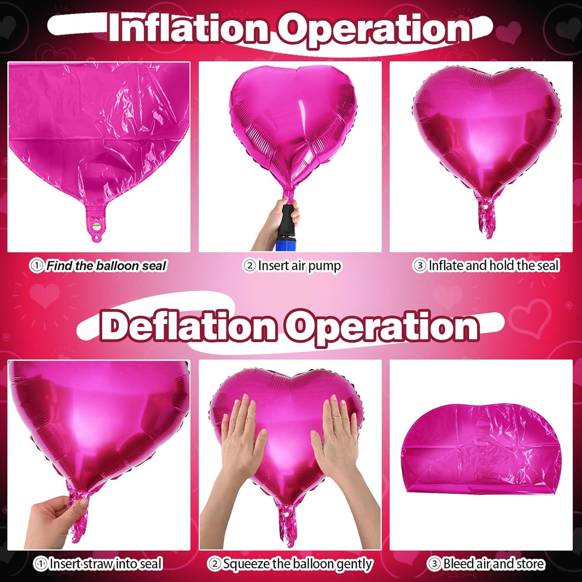 Pink Black Heart Foil Balloons, 12Pcs 18 Inch Hot Pink and Black Heart Shaped Foil Helium Balloon