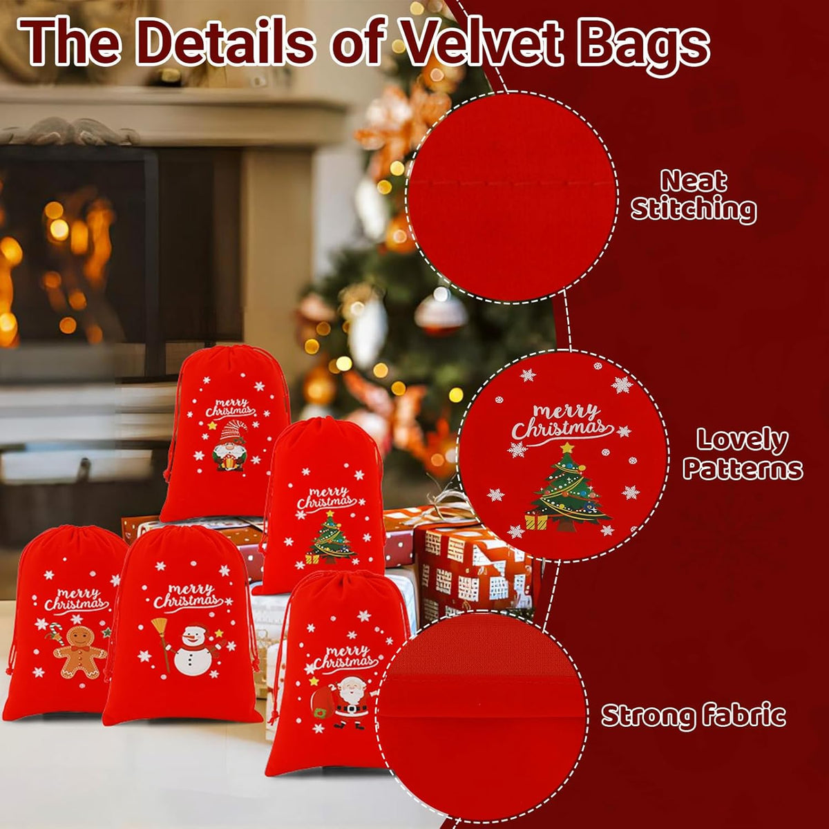 Tapleap Velvet Coth Christmas Bags with Drawstring, 50Pcs 5x7 for Wrapping Christmas Party Favors