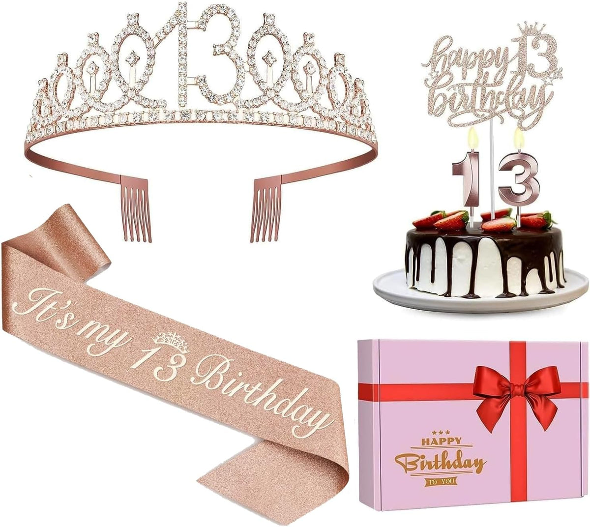 13th Birthday Decorations for Girls, Including Sash, Crown/Tiara, Candles and Cake Topper, Rose
