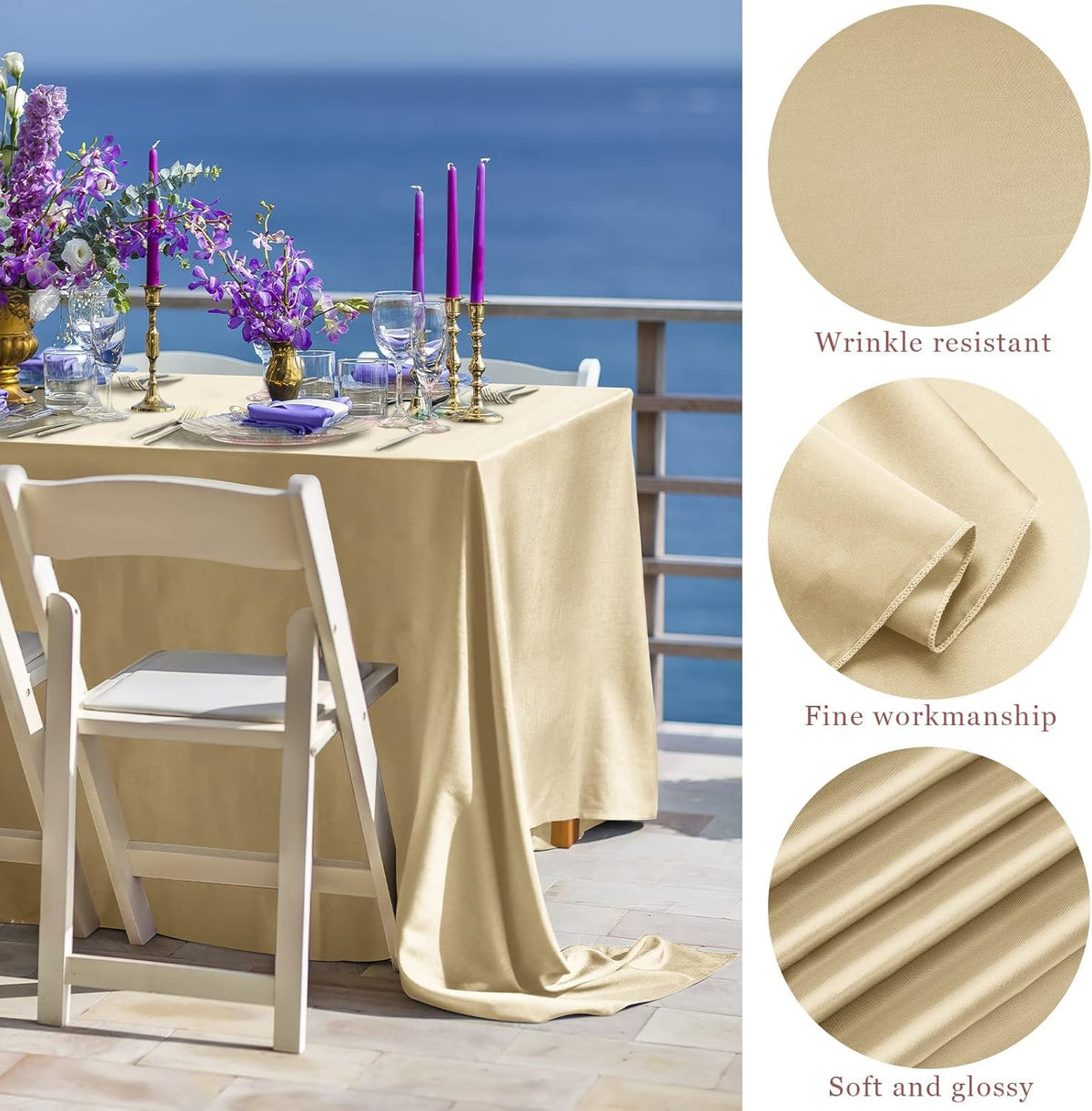 TURSTIN 4 Packs Champagne Satin Tablecloth 102 x 58 Inch Overlay Satin Table Cover Rectangle Bright