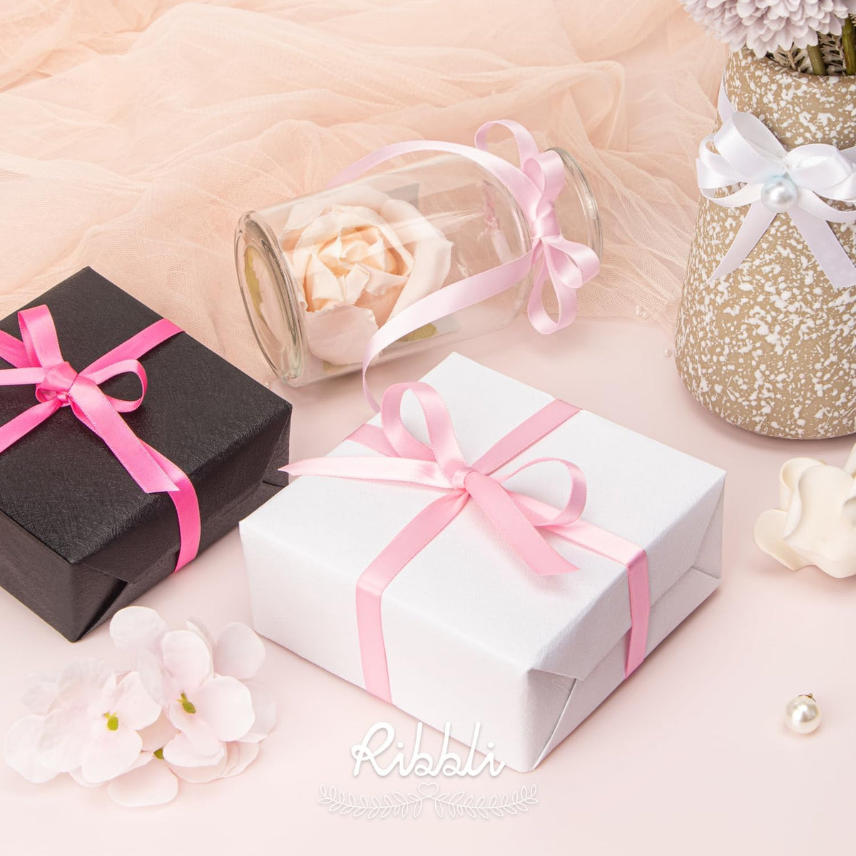Ribbli Double Faced White Satin Ribbon,3/8” x Continuous 25 Yards,Fabric Ribbon use for Bows