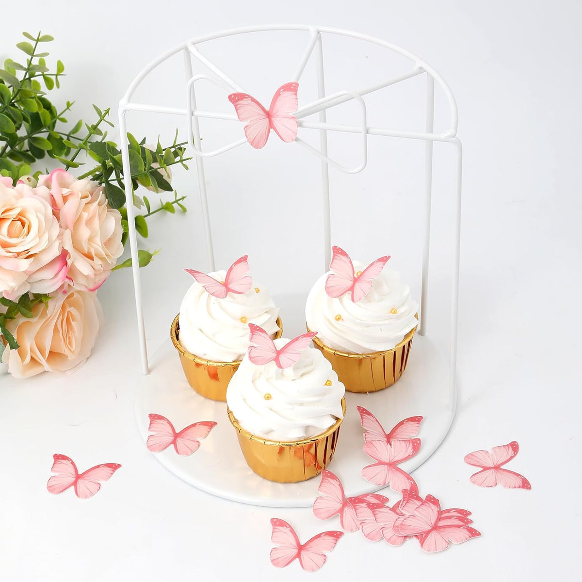 48Pcs Edible Butterflies for Cake Decorations Pink Wafer Paper Butterfly Cupcake Toppers Wafer