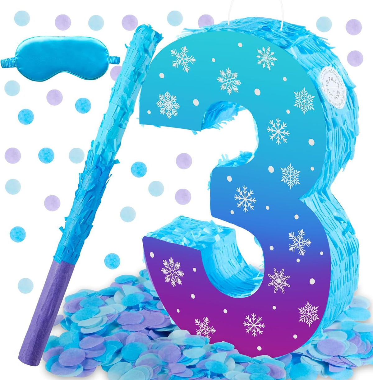 Snowflake Birthday Decorations, Winter Ice Snowflake Number 3 Pinata with Stick Blindfold and