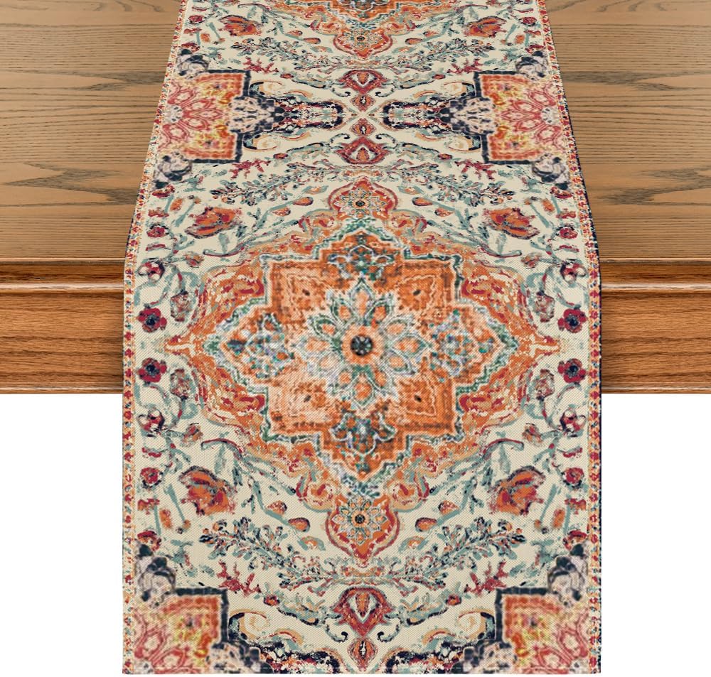 Artoid Mode Boho Bohemia Style Orange Table Runner, Country Rustic Farmhouse Magical Fall Kitchen