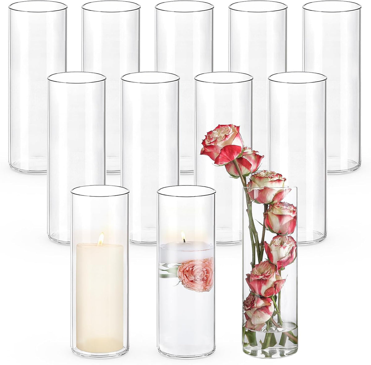 12pcs Glass Cylinder Vases for Centerpieces | 10 Inch Tall Flower Vase for Wedding Decorations