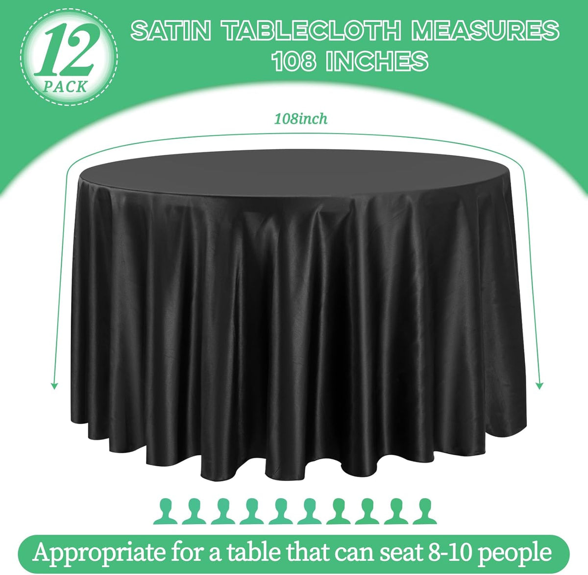 fani 12 Pack 108 Inch Black Satin Tablecloth - Premium Bright Silky Round Tablecloth Overlay Smooth