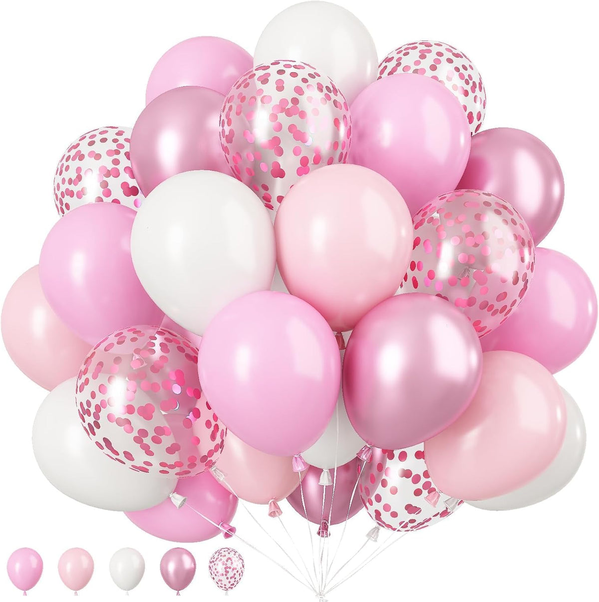 Biapian Pink & White Metallic Chrome Confetti Latex Balloons - 12 Inch Ribbon Party Balloons Set