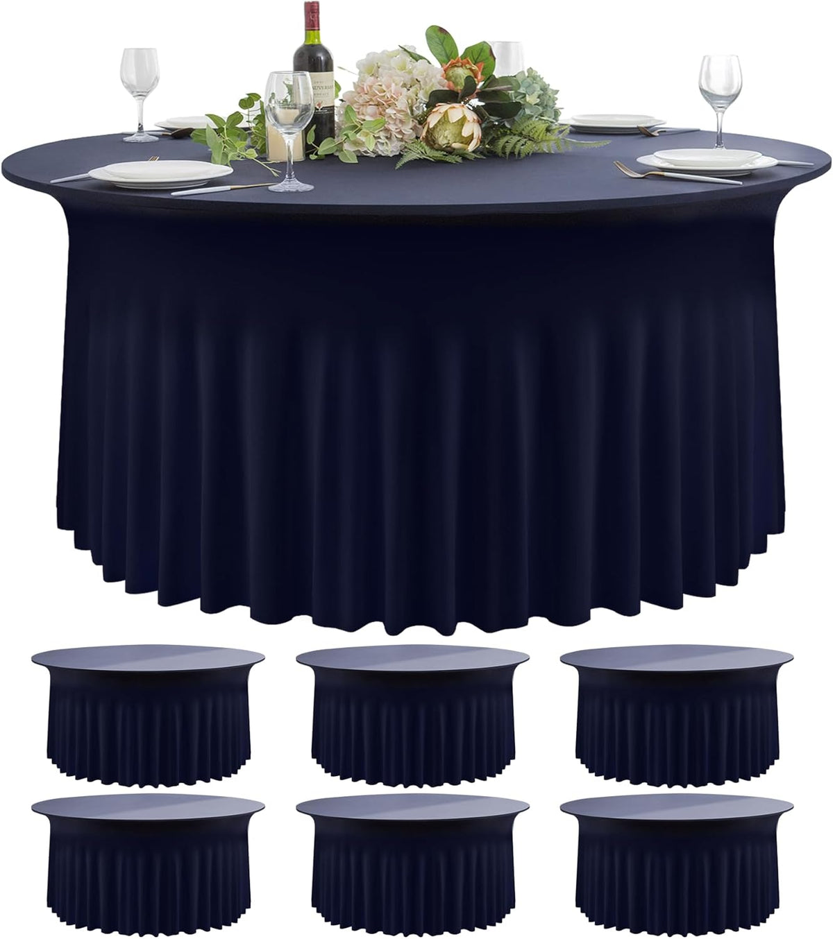 6 Pack Navy Blue Round Spandex Tablecloth 60 Inch, Wrinkle Free Stretch 120 Inch Fitted 5ft Navy