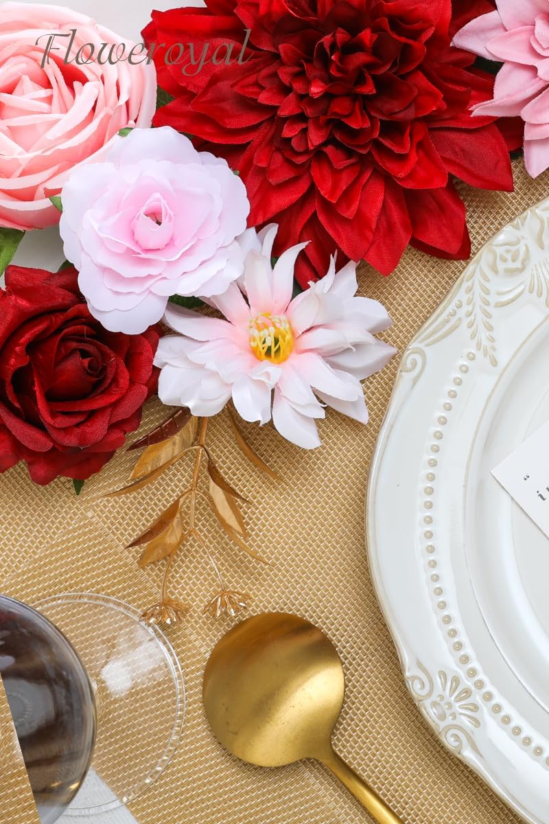 Floweroyal Artificial Flowers Combo Red Flowers Mix Silk Flowers Dahlia Roses with Stems for DIY