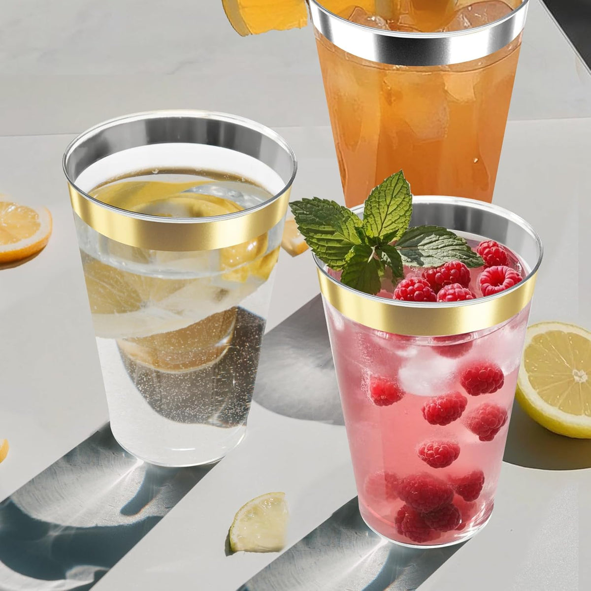 12OZ Plastic Cups with Gold Rimmed Sturdy & Food Safe Disposable Wine Glasses Weeding Party Cups