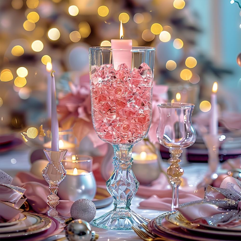 HappyFiller 15 OZ Pink Faux Ice Rocks 170 PCS Fake Crystal Cubes Stones Acrylic Gem for Glass Vase