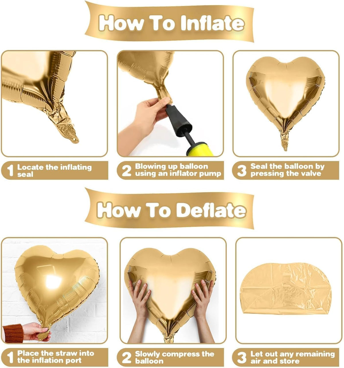 Gold White Heart Balloons,12Pcs 18 Inch Metallic Gold Cream Foil Love Heart Shaped Balloons for