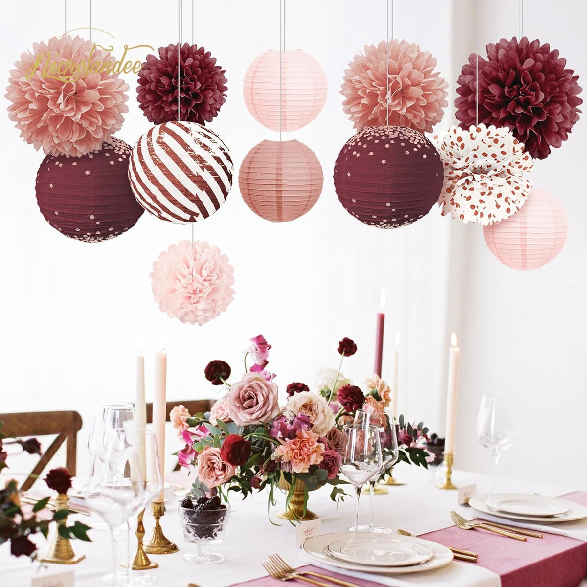 NICROLANDEE Burgundy Party Decorations 12PCS Hanging Paper Lanterns Tissue Pom Poms Decor for