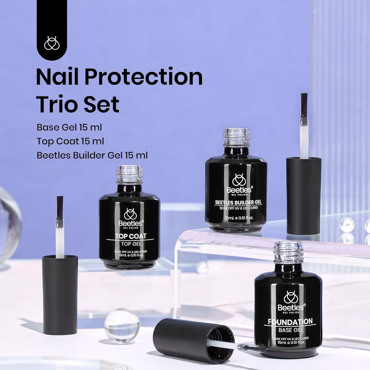 Beetles 3Pcs 15ml Builder Nails Gel with No Wipe Top Coat and Base Coat Set, Nail Extension
