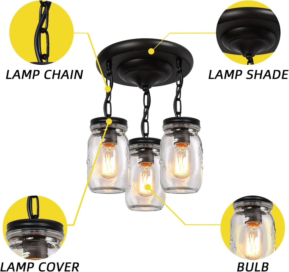 Glass Mason Jar Light Fixtures, 3-Lights Pendant Ceiling Lights Flush Mount - Black Country