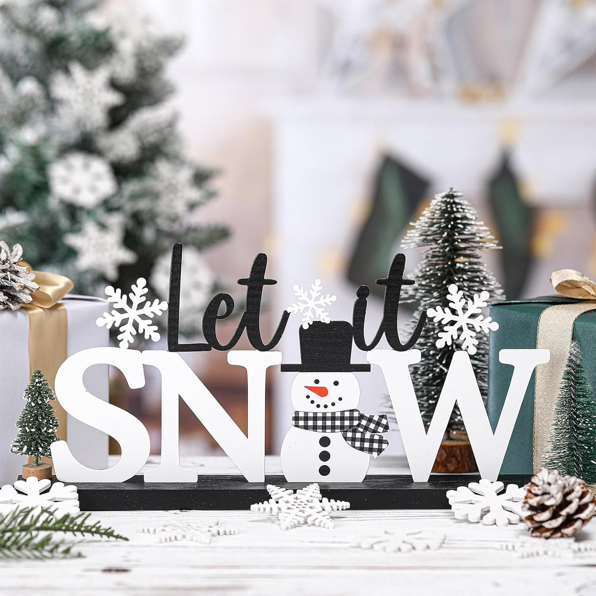 Winter Metal Sign Let It Snow Table Decor Christmas Tiered Tray Decor with Wooden Base Metal Black