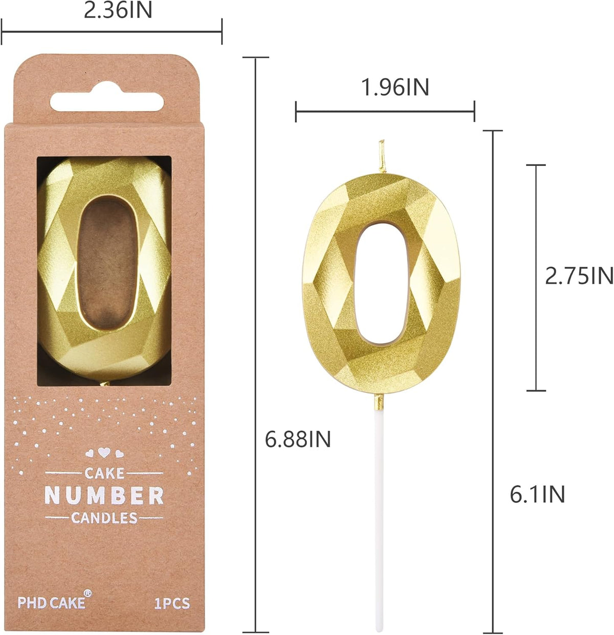 PHD CAKE 2.76 Inch Crystal Gold 0 Number Birthday Candles, Gold Number Candles, Cake Number