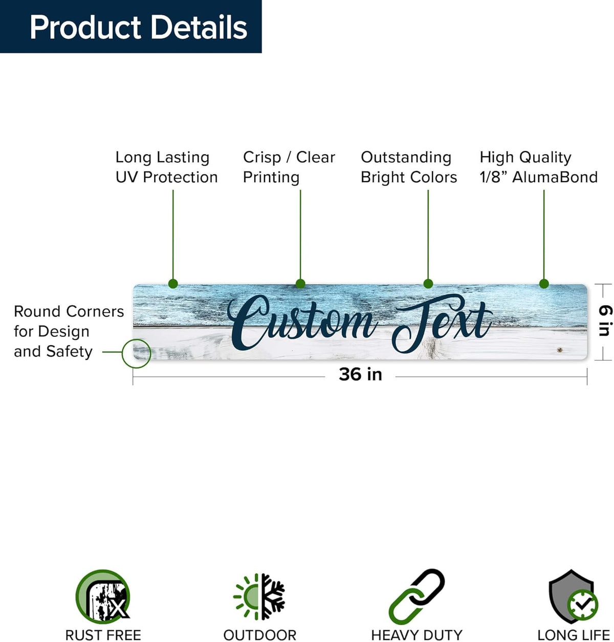Custom Sign, Custom Street Sign, 11 Font Colors, 13 Font Styles, 4 Hole Options, 22 Sizes, 6x36