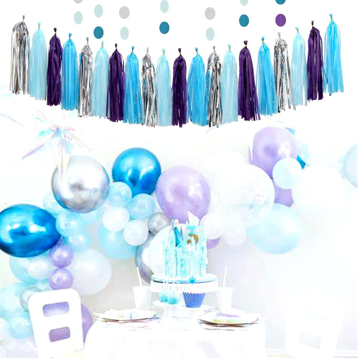 Purple-Blue Silver Frozen Christmas Party-Decorations - 30pcs Tissue Pom Poms Streamers,Winter Girl