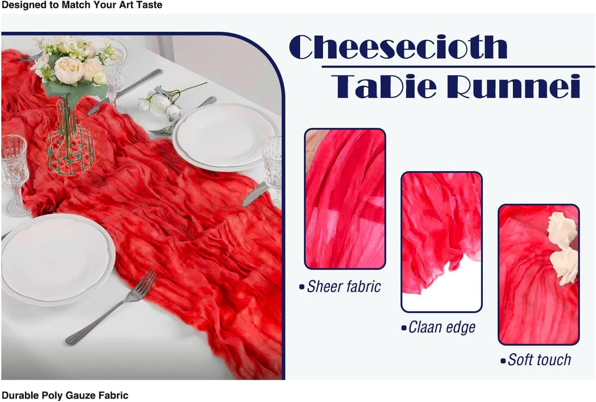12 Pack Red 10 Ft Cheesecloth Table Runner 20x120 Inch Boho Wrinkled Sheer Romantic Gauze Decor for