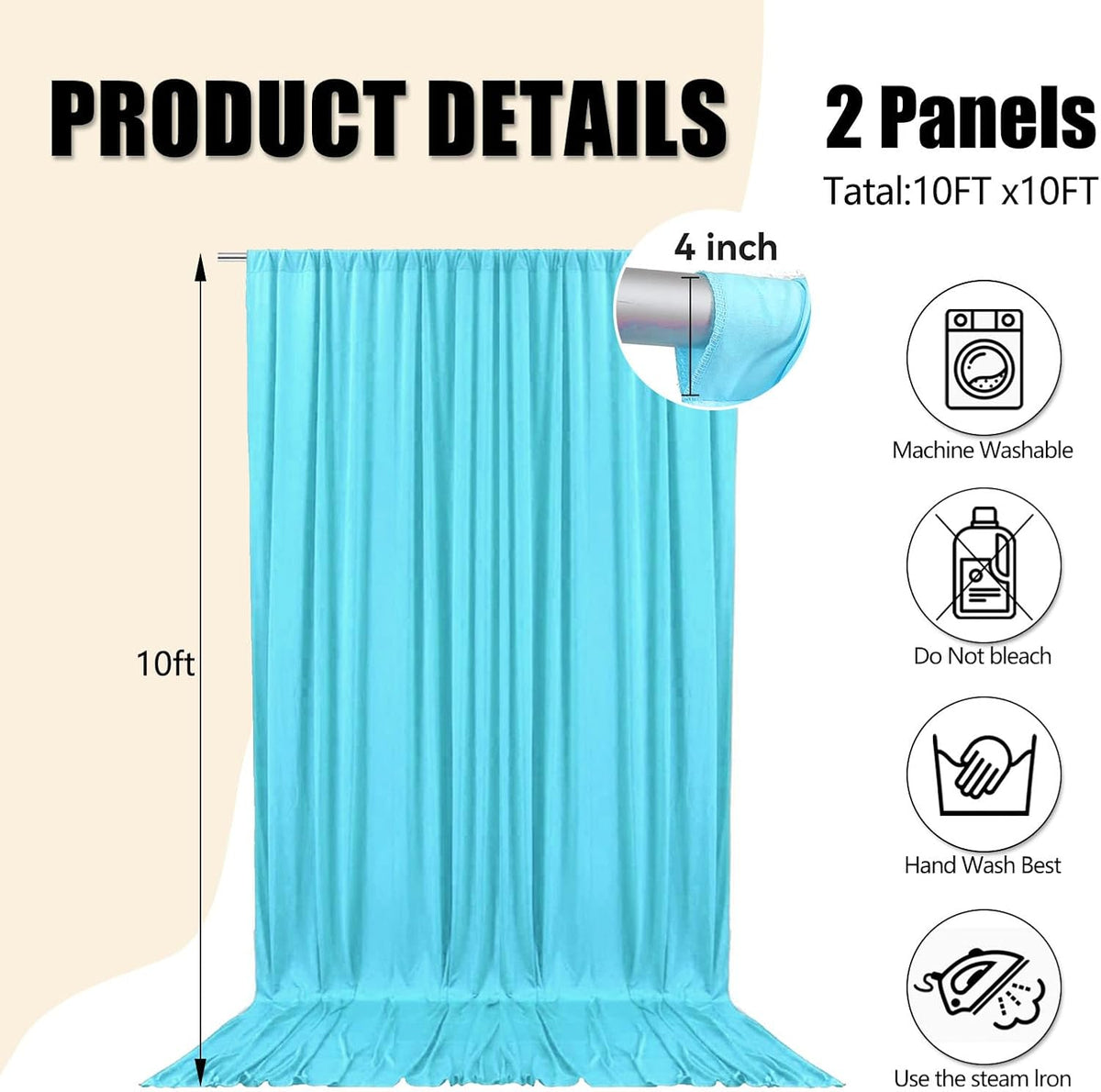 10ft x 10ft Sky Blue Backdrop Curtains for Parties, Fabric Satin Background Curtain with Rod