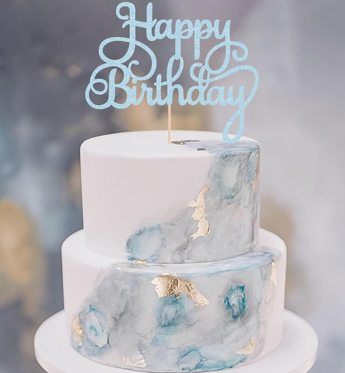 Happy Birthday Cake Topper - Light Blue Glitter Birthday Party Cake Decoration Supplies - Happy