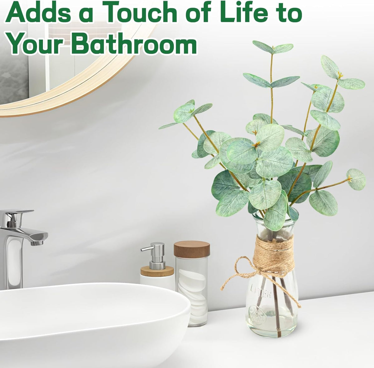 Artificial Eucalyptus Stems in Glass Vase with Faux Water, 15" Small Bathroom Greenery with