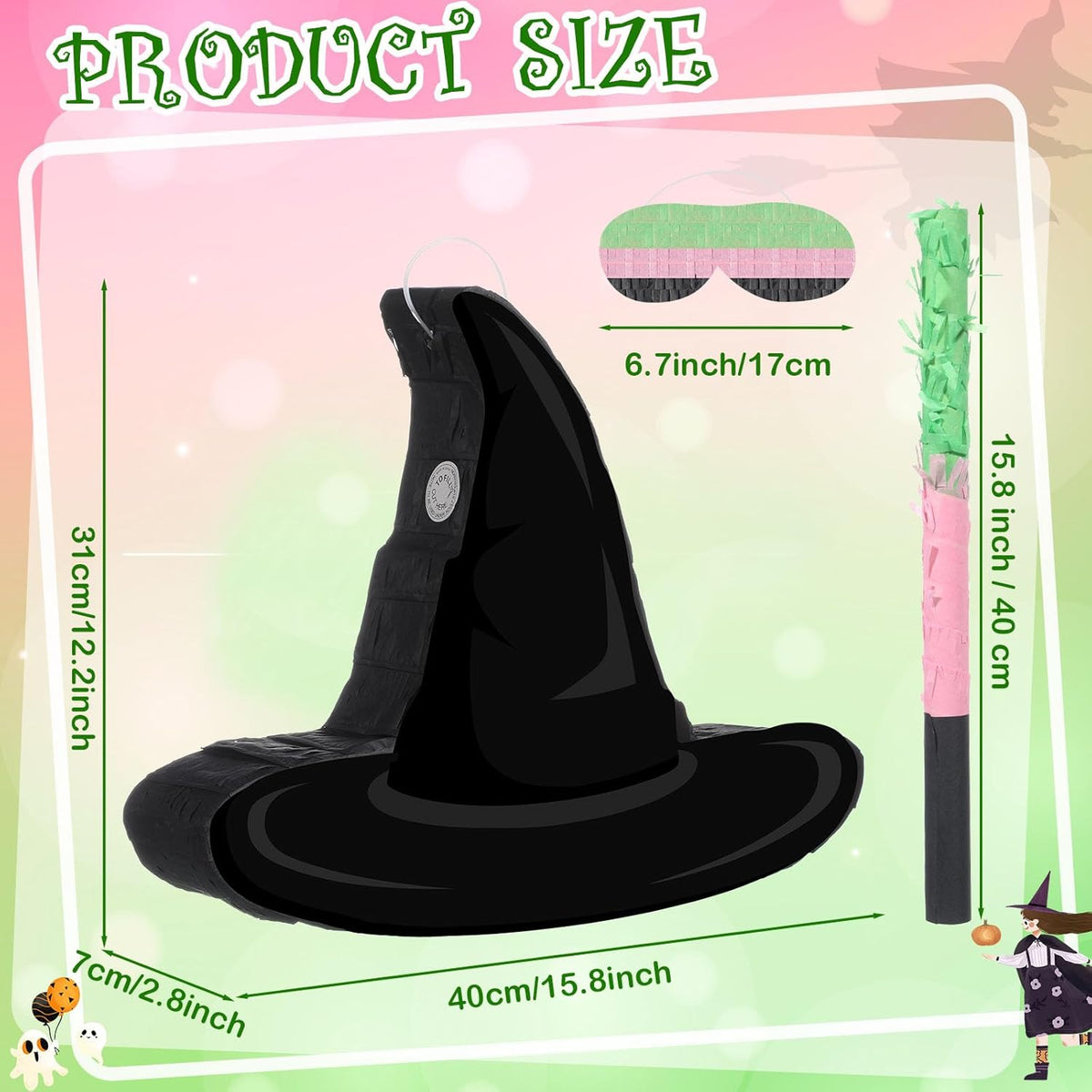 Kasyat Witch Hat Piñata Party Game Set Halloween Theme Piñata with Bat Stick Blindfold Pink Green