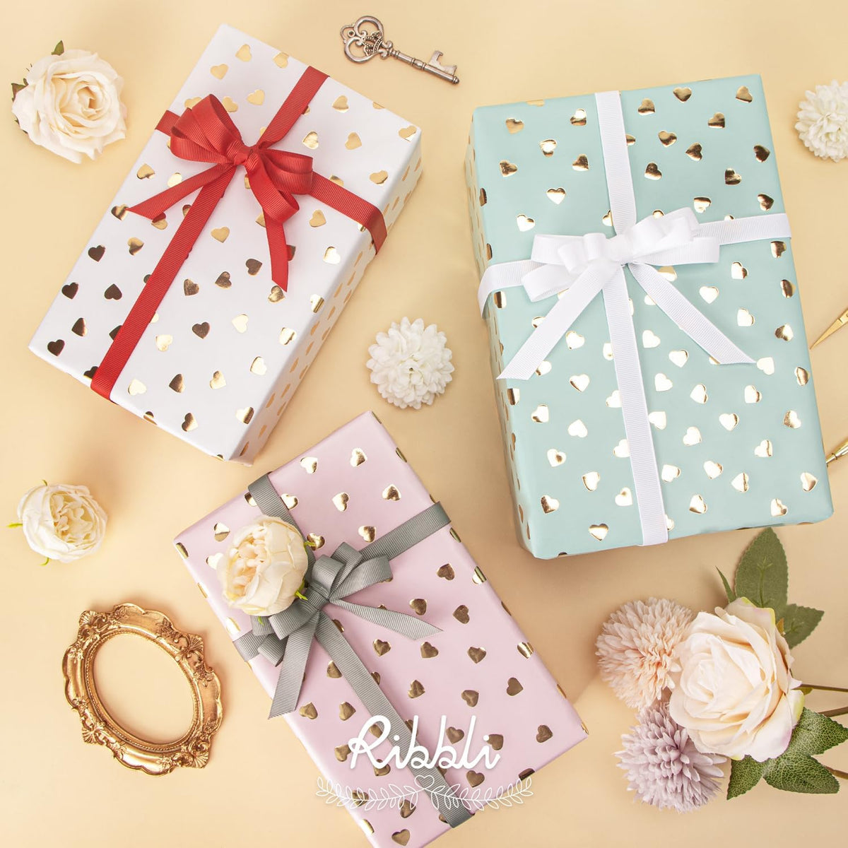 Ribbli Birthday Wrapping Paper Heart Foil Mini Roll Gift Wrap for Women Girls Anniversary Mother's