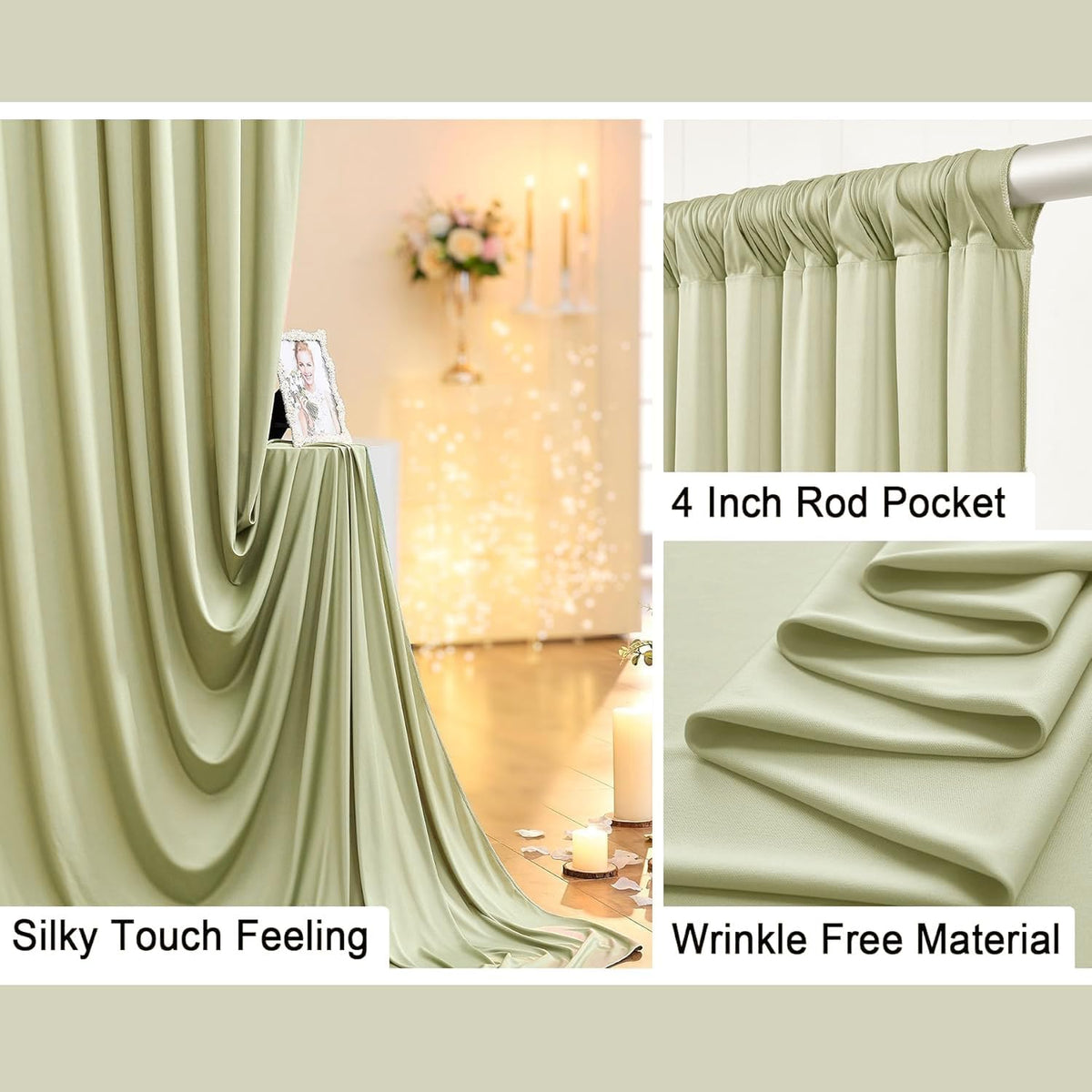 30 ft x 10 ft Wrinkle Free Sage Green Backdrop Curtain for Parties, Thick Green Polyester Photo
