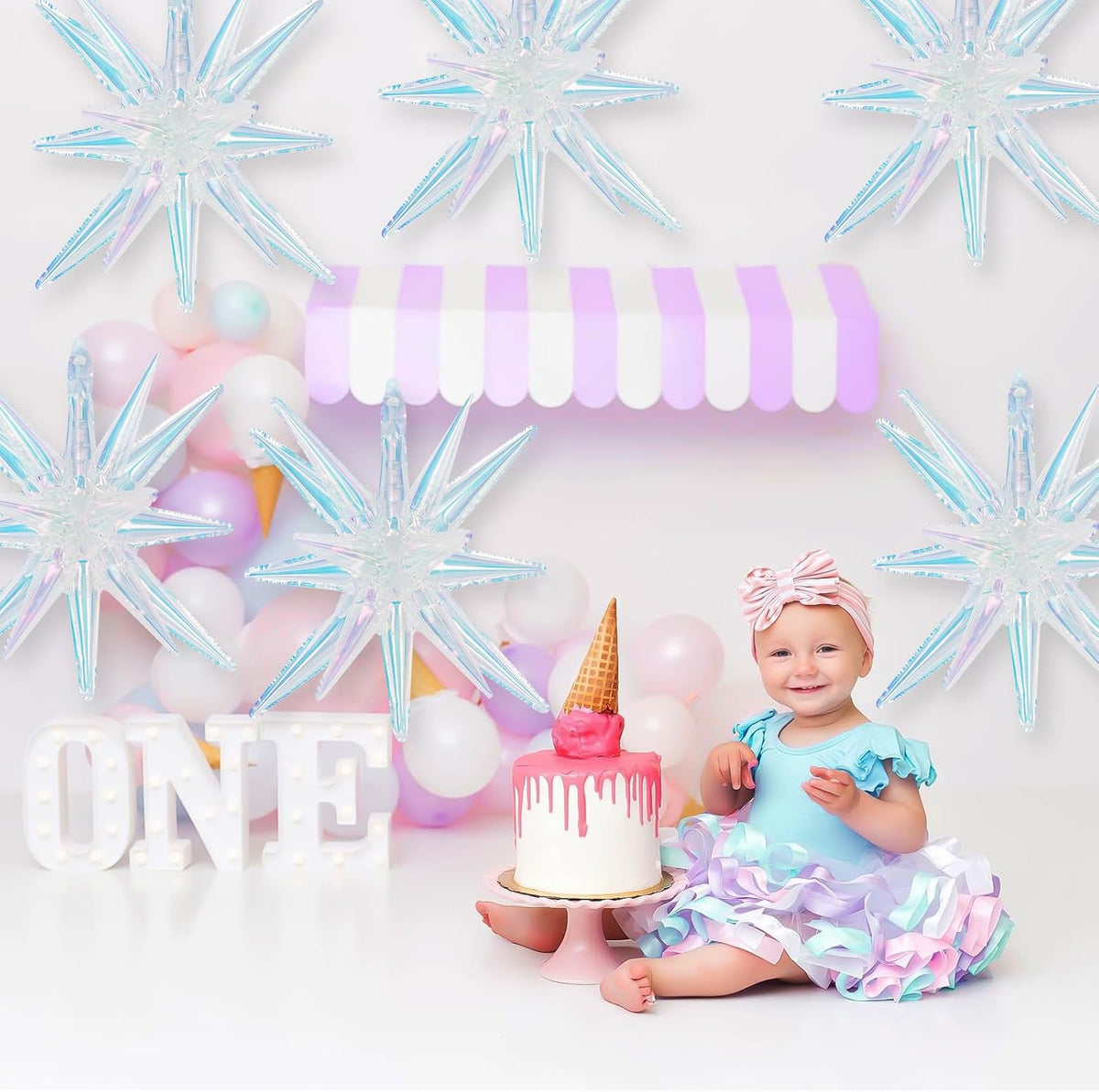 Iridescent Star Foil Balloons, 6Pcs 22in Explosion Star Balloon Large Holographic Spike Cone Clear