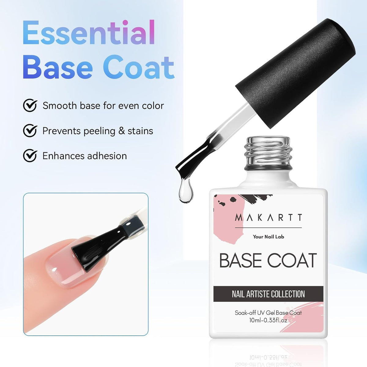 Makartt 2 Pcs Gel Top Coat and Base Coat Set - No Wipe Shine Finish Soak Off Base Top Coat Long