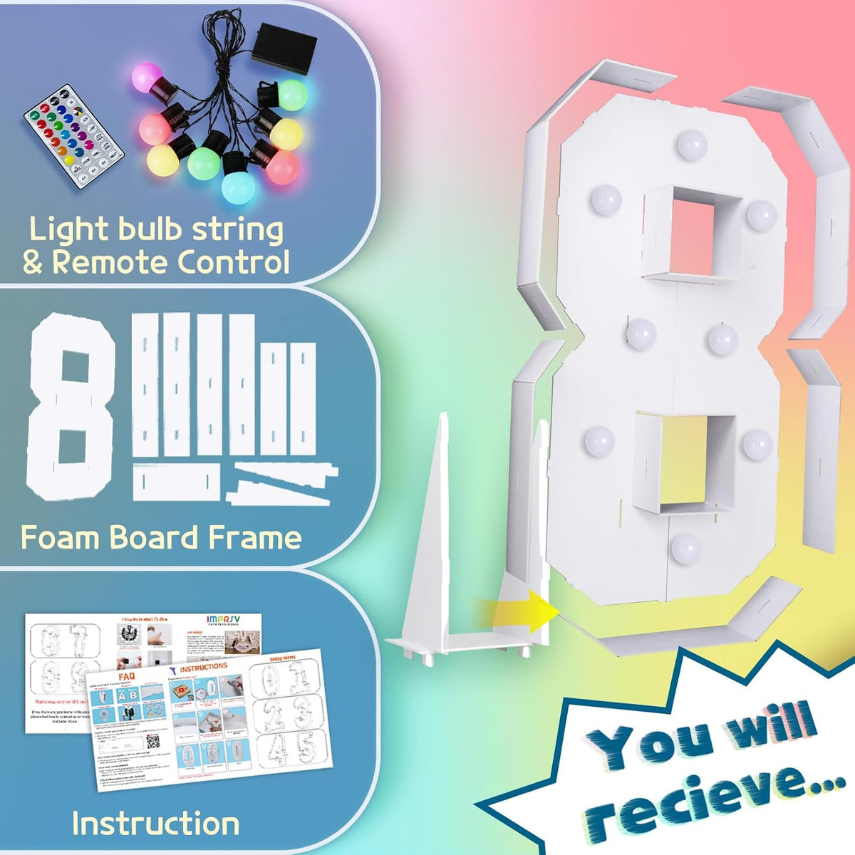 imprsv 3FT Colorful Marquee Numbers,18 Colors Number 8 with Remote, Light Up Numbers Sign for 1st
