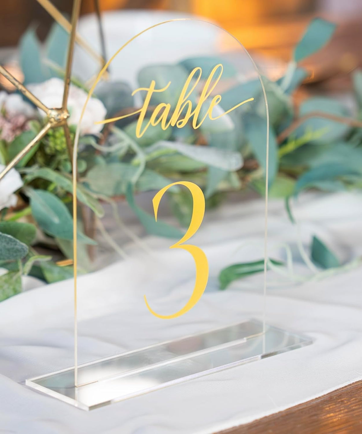 Clear Arch Acrylic Table Numbers for Wedding Reception - 5" x 7" Gold Font Centerpiece Set with