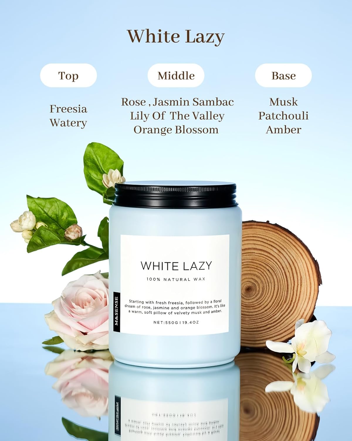 M&SENSE Spring Scented Candle, Jasmine Clean Cotton Soy Wax Large 19.4oz 110 Hour Long Lasting