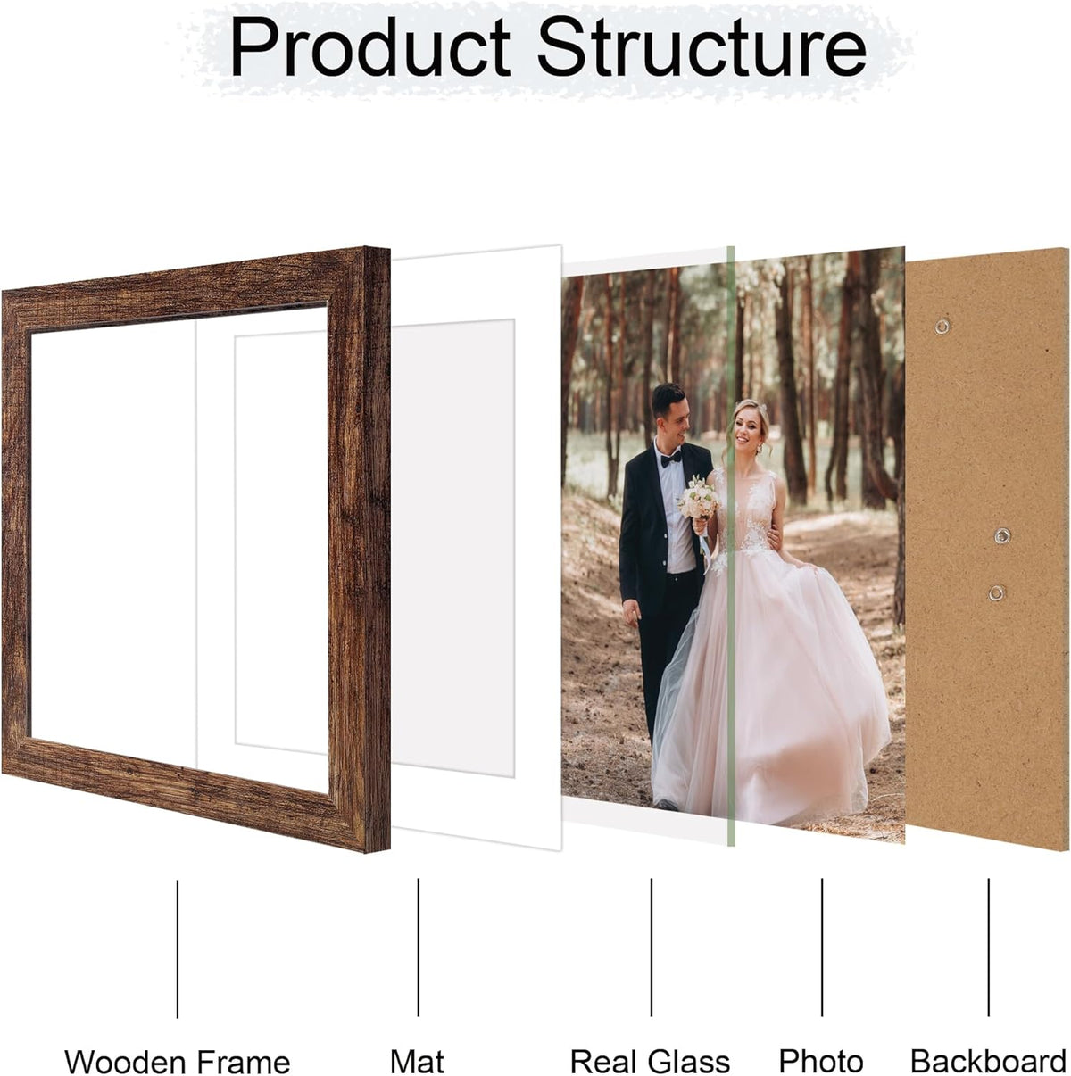 10x10 Picture Frame Set of 4 with Real Glass, Rustic Frames Display 8x8 Picture with Mat or 10 x 10