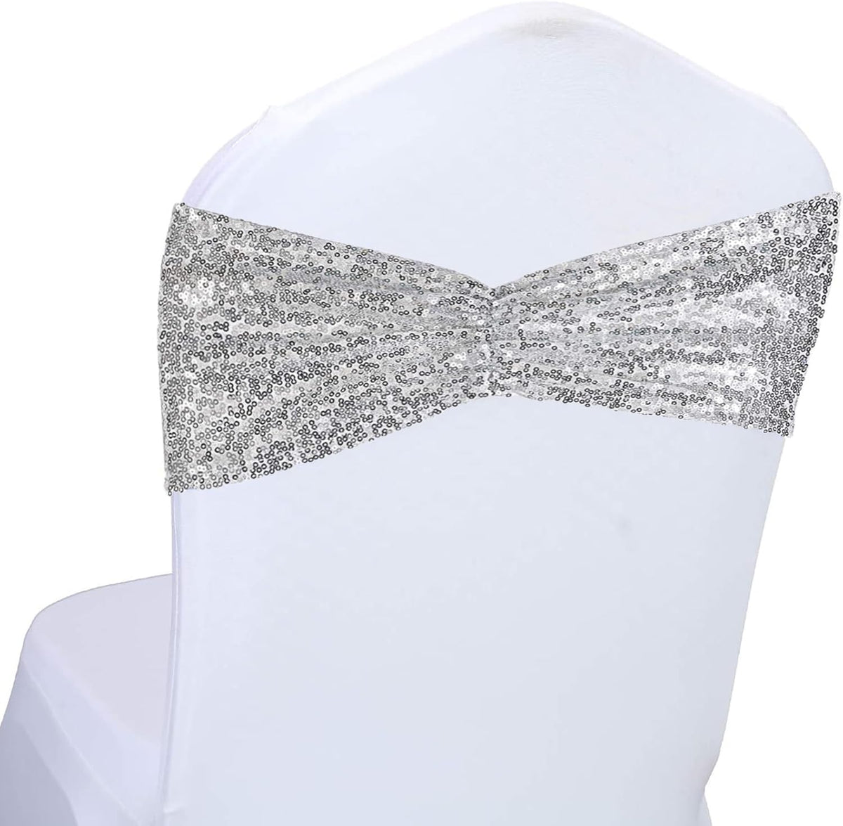 SquarePie Pack of 100 Chair Sashes Bows Sparkly Silver Sequin Chair Bands for Wedding Party Banquet