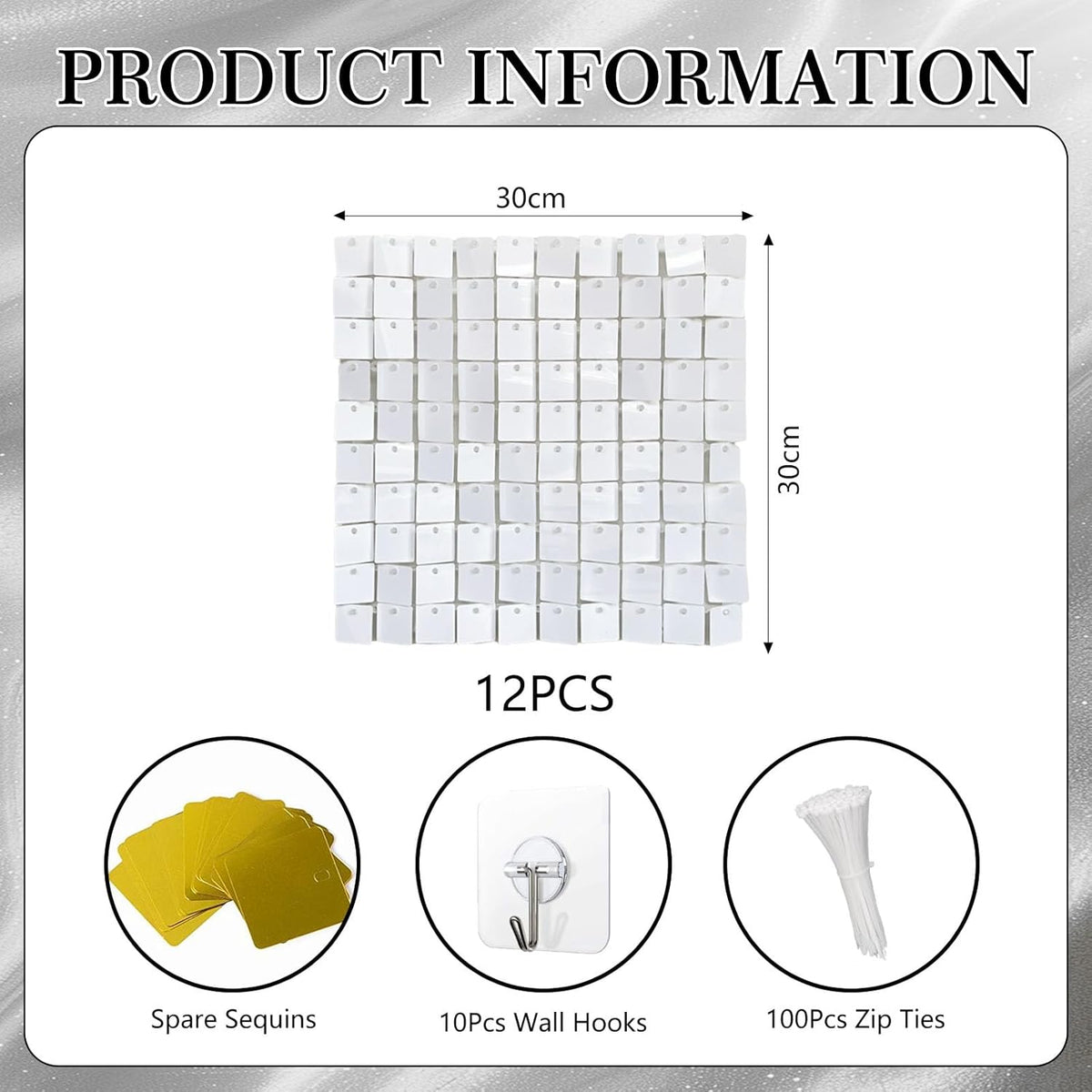 12PCS White Shimmer Wall Backdrop, Square Sequin Photo Backdrops Panel, Glitter Wall Background for