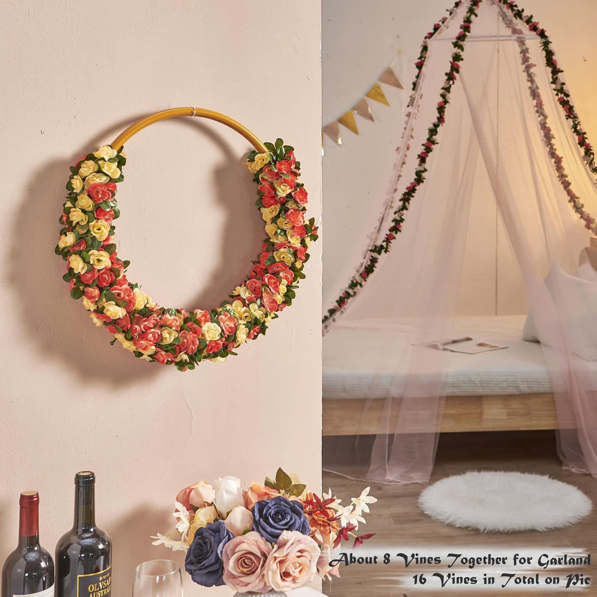 6 Pcs x 8.2 ft Flower Garland Artificial Rose Vine Flowers with Green Leaves Hanging Fake Roses