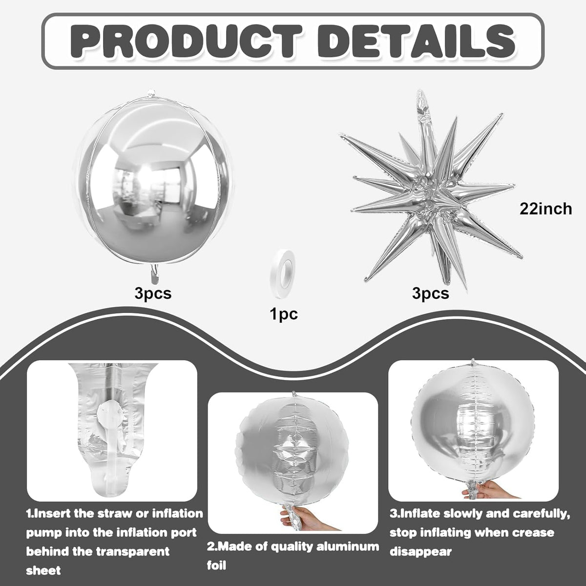 6Pcs Silver Foil Balloons,22Inch Silver 4D Round Ball Balloon and Explosion Star Balloon for