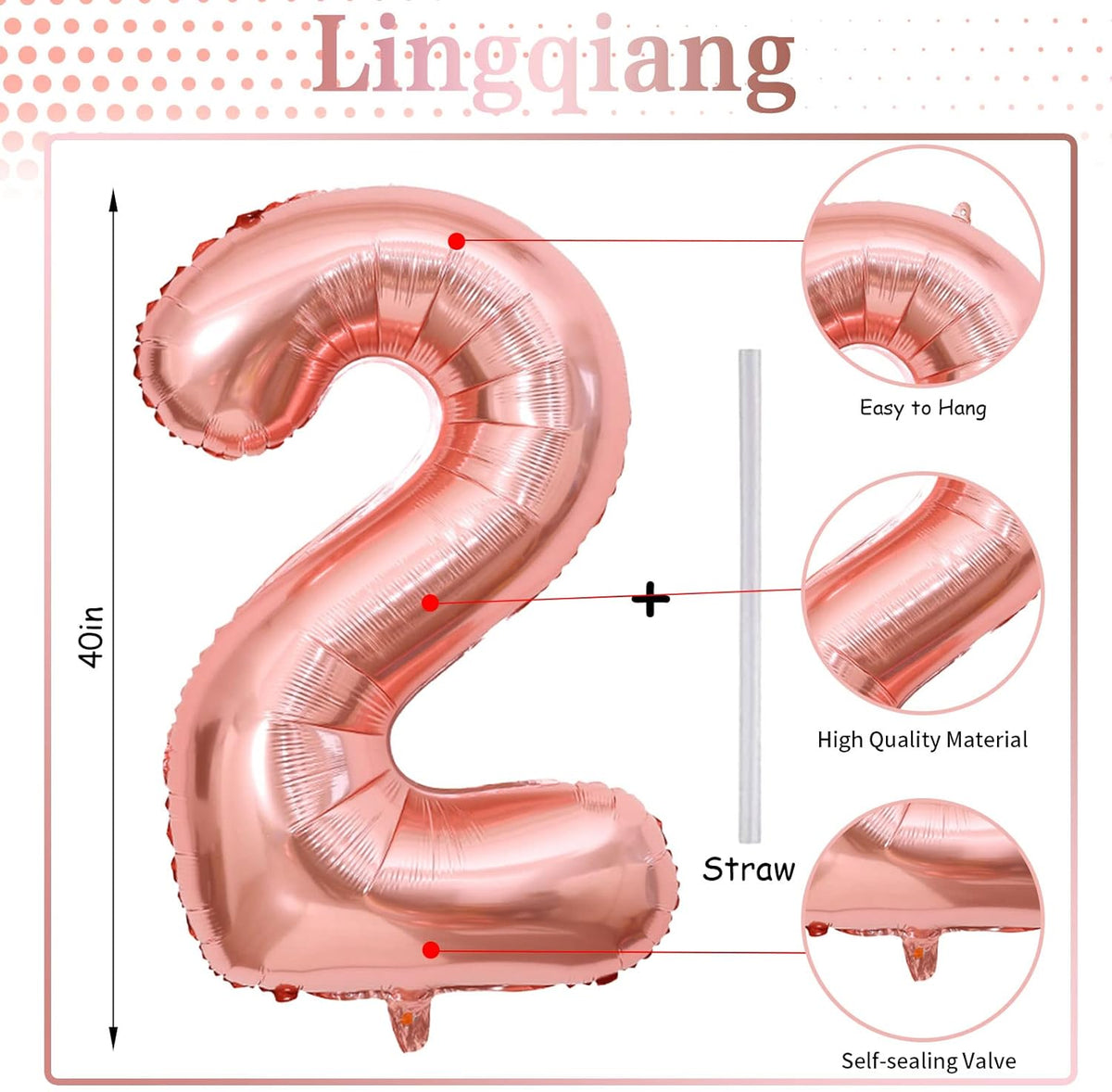 40 Inch Rose Gold Foil Balloon Number 2, Large Self Inflating Number Balloons 0-9 Digital Helium
